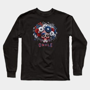 Santiago Chile Neon Sugar Skull Chilean Flag Style Graphic Long Sleeve T-Shirt